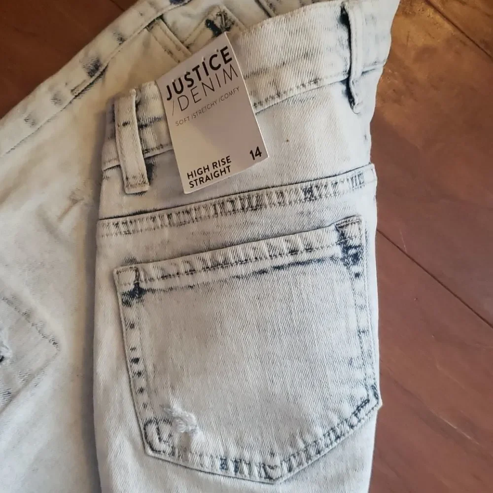 𝅺Justice Girls Demin High Rise Straight Distressed Washed Out Jeans Size 12 NEW
